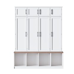 Farmhouse Hall Tree With 4 Hidden Hanging Hooks, Versatile Seating Bench With 8 Doors, Entryway Shoe Cabinet With Open Compartments For Living Room - White
