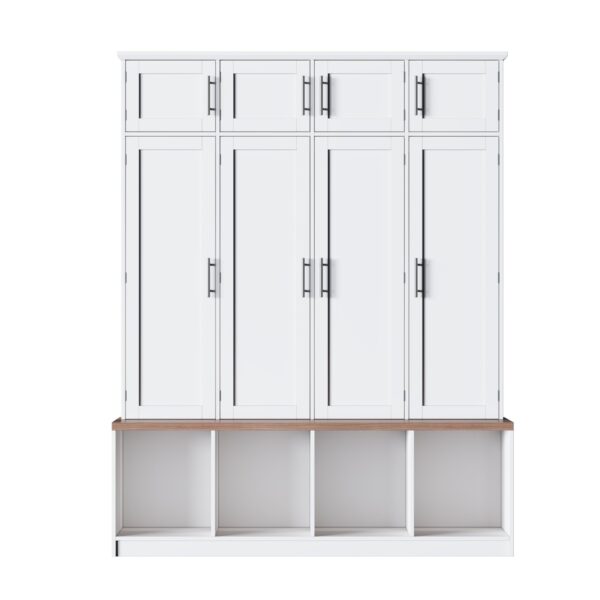 Farmhouse Hall Tree With 4 Hidden Hanging Hooks, Versatile Seating Bench With 8 Doors, Entryway Shoe Cabinet With Open Compartments For Living Room - White