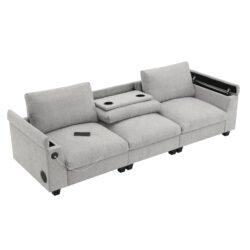 Sectional With Bluetooth Speaker Comfy Cloud Couch Set With Drop Down Table Cup Holders, USB Charger Storage Armrest Wide Seat Sofa - Gray