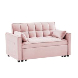 Modern Velvet Loveseat Futon Sofa Couch With Pullout Bed Reclining Backrest Toss Pillows - Pink