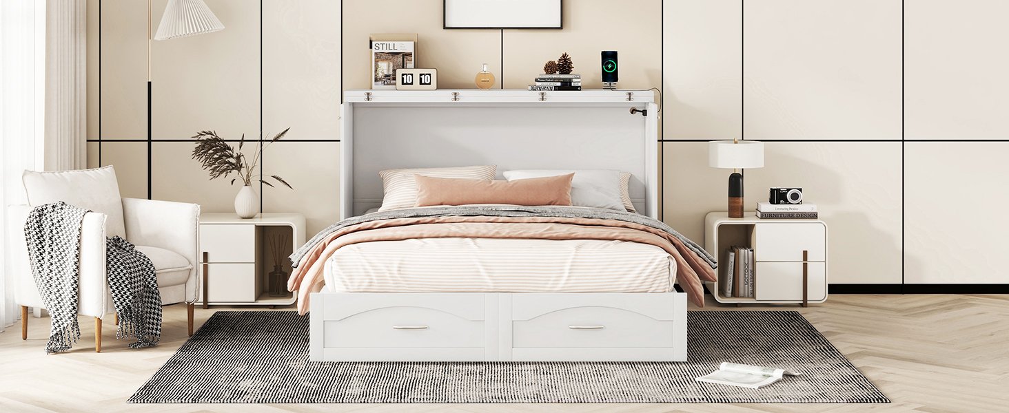 Queen Size Murphy Wall Bed With Drawer And A Set Of Sockets & USB Ports, Pulley Structure Design - White - Image 26