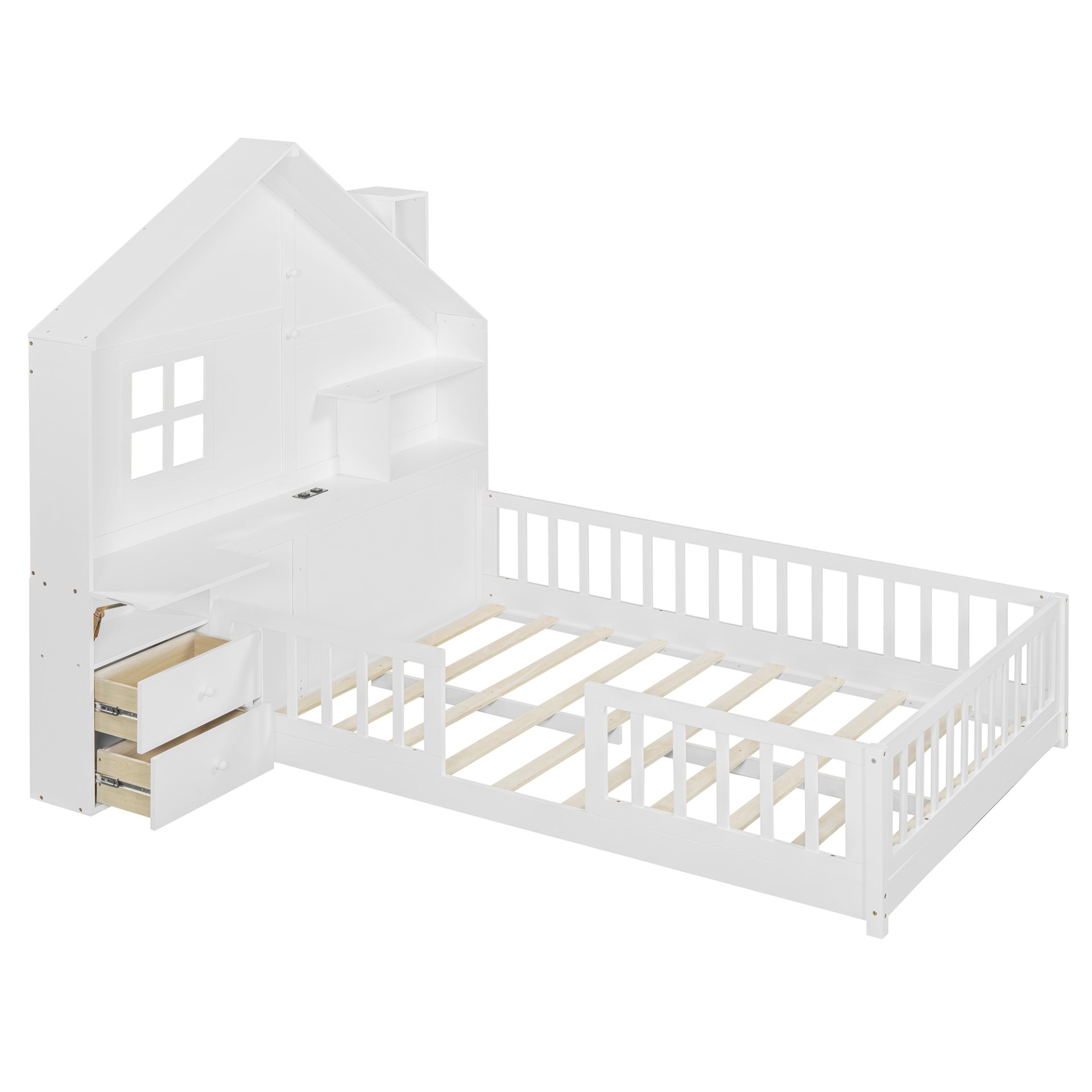 Full Size House Bed With Window And Bedside Drawers, Platform Bed With Shelves And A Set Of Sockets And USB Port - White - Image 6