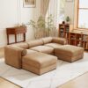 Elegant Chenille Sofa With Storage Seat And Ottoman U Shaped 3 Seater Cylindrical Backrest And Armrests - Camel - Image 8