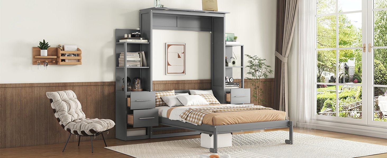 Full Size Murphy Wall Bed & Shelves, Drawers And LED Lights - Gray - Image 25