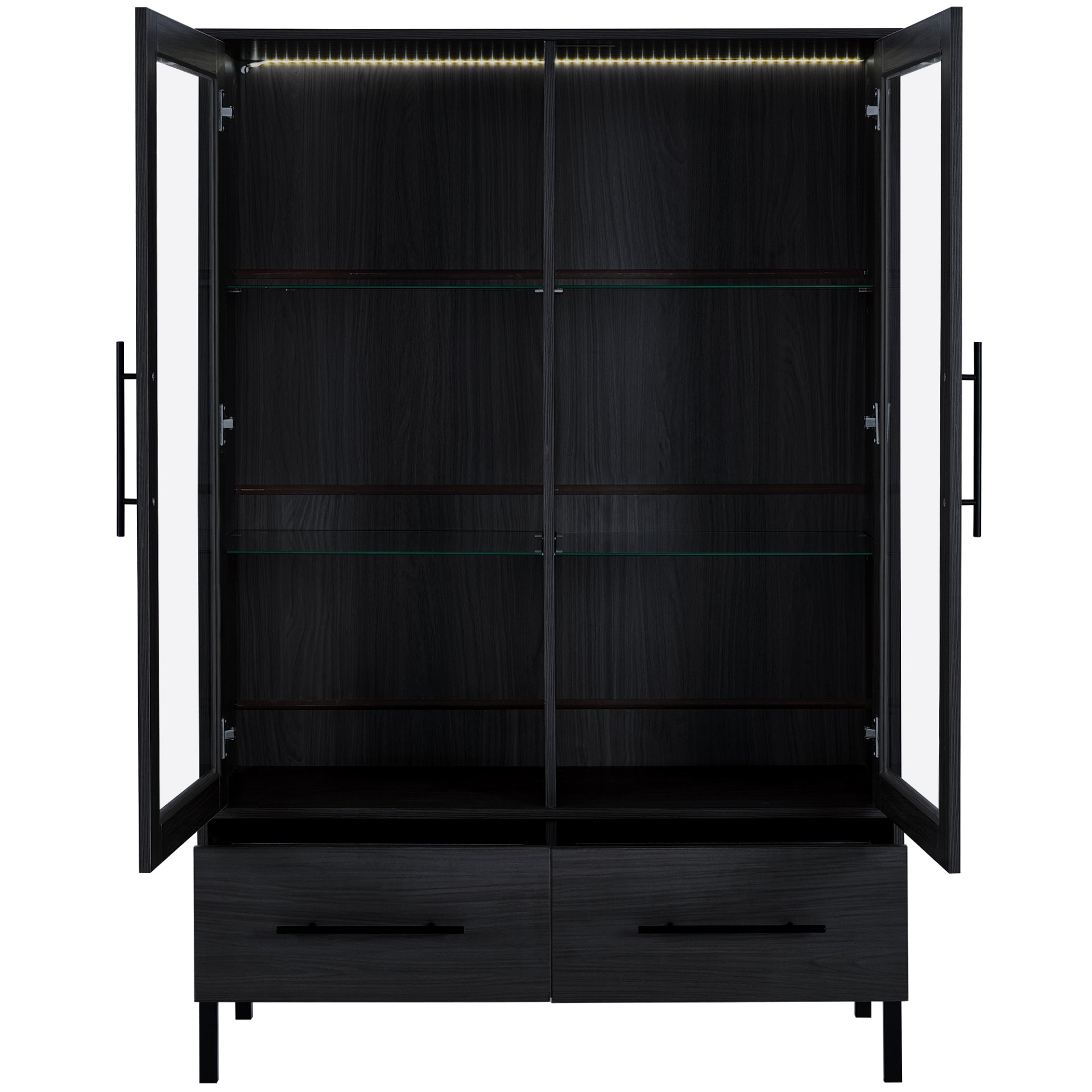 Modern Style Tall Display Cabinet With LED Lighting, Tempered Glass Door, 2 Drawers - Black - Image 9