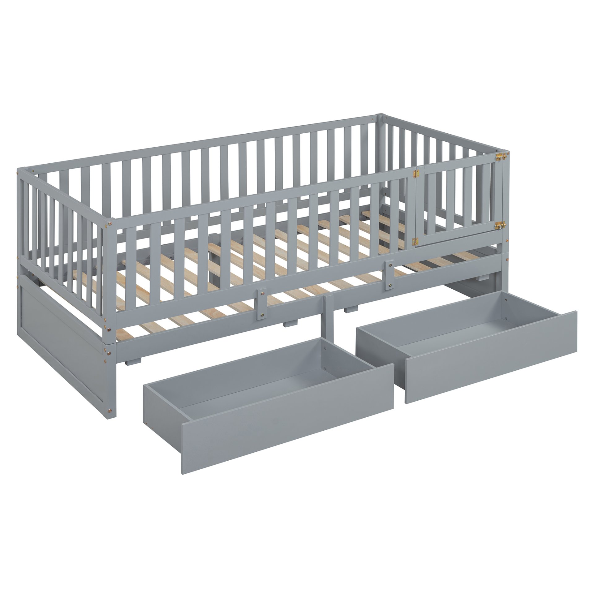 Twin Size Daybed With Fence Guardrails And 2 Drawers, Split Into Independent Floor Bed & Daybed - Gray - Image 15