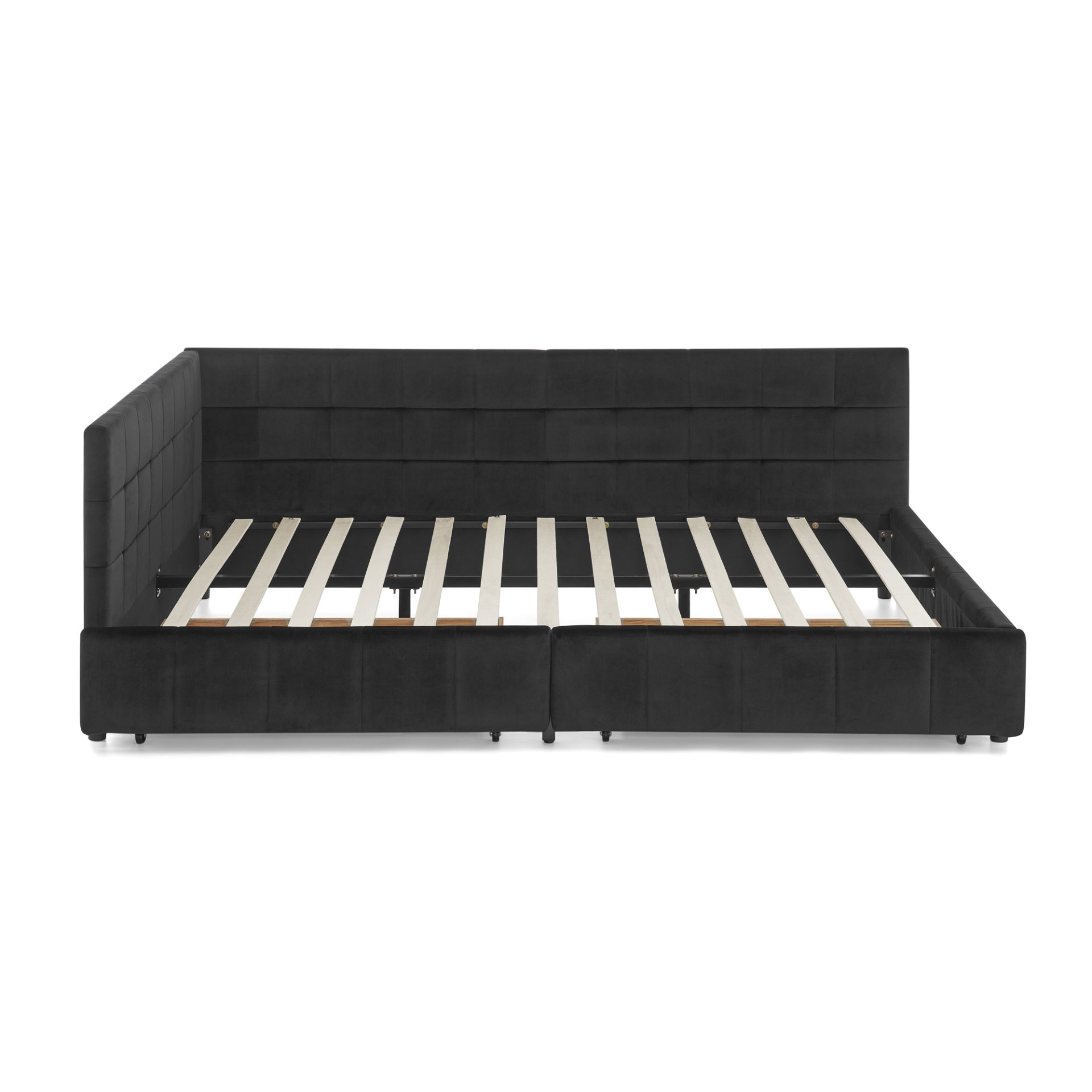 Mid Century Queen Size Storage Upholstered Tufted Bed Frame With Backrest And Armrests Velvet - Black - Image 10