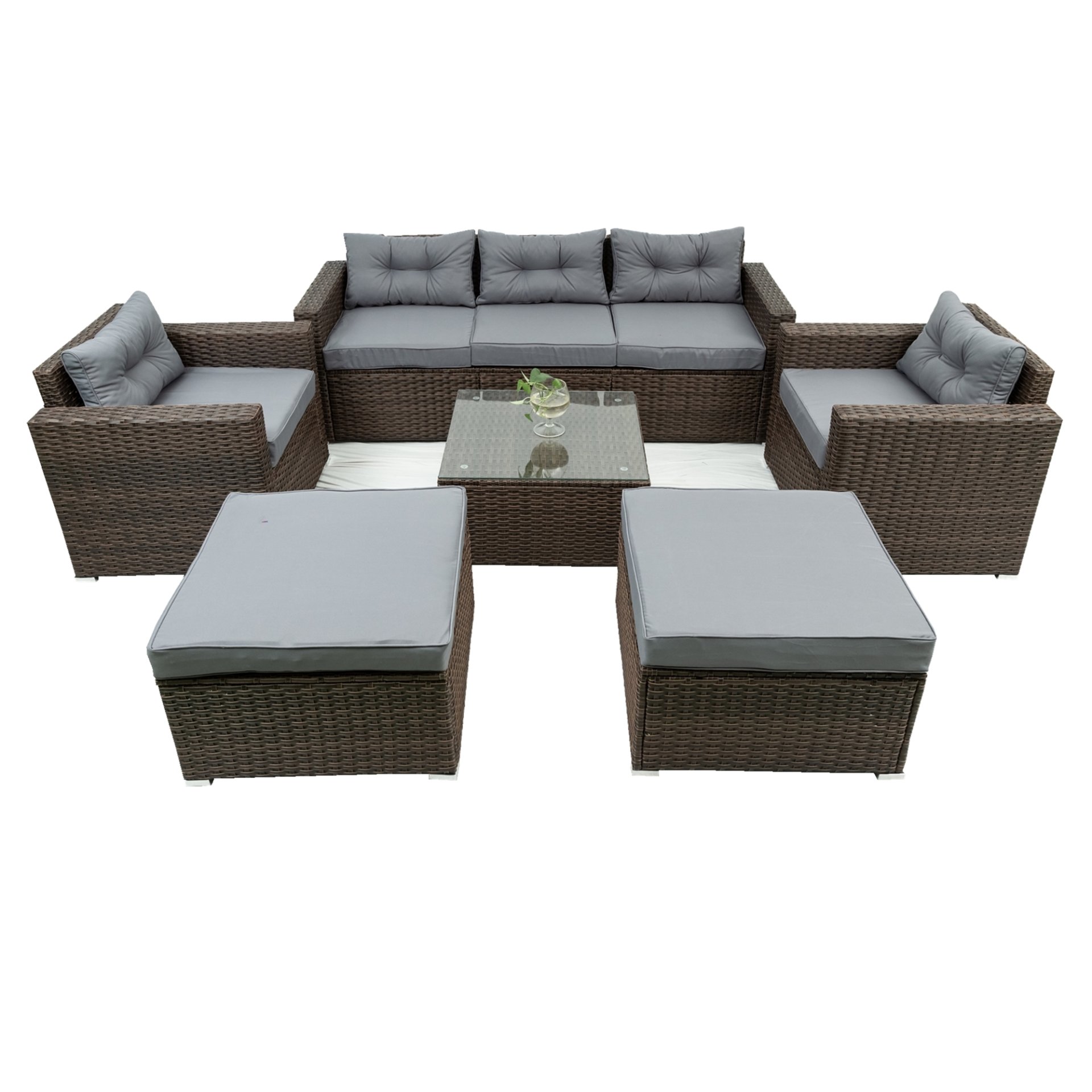 6 Piece Patio Rattan Wicker Outdoor Furniture Conversation Sofa Set With Removeable Cushions And Temper Glass Tabletop - Brown - Image 2