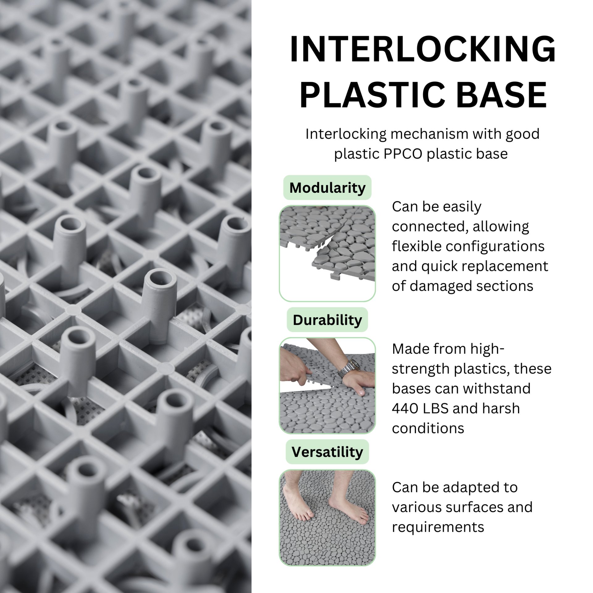 Interlocking Deck Tiles Plastic Waterproof Outdoor All Weather Anti-Slip Bathroom Shower Balcony Porch Strong Weight Capacity Upto 440 Lbs, Pebble Stone Pattern Pack Of 12 - Gray - Image 4