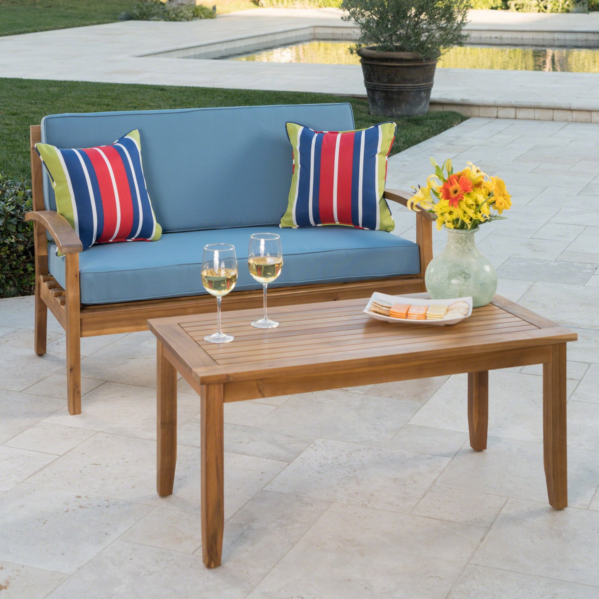 Outdoor Chat Set With Coffee Table And Loveseat - Teak - Image 2