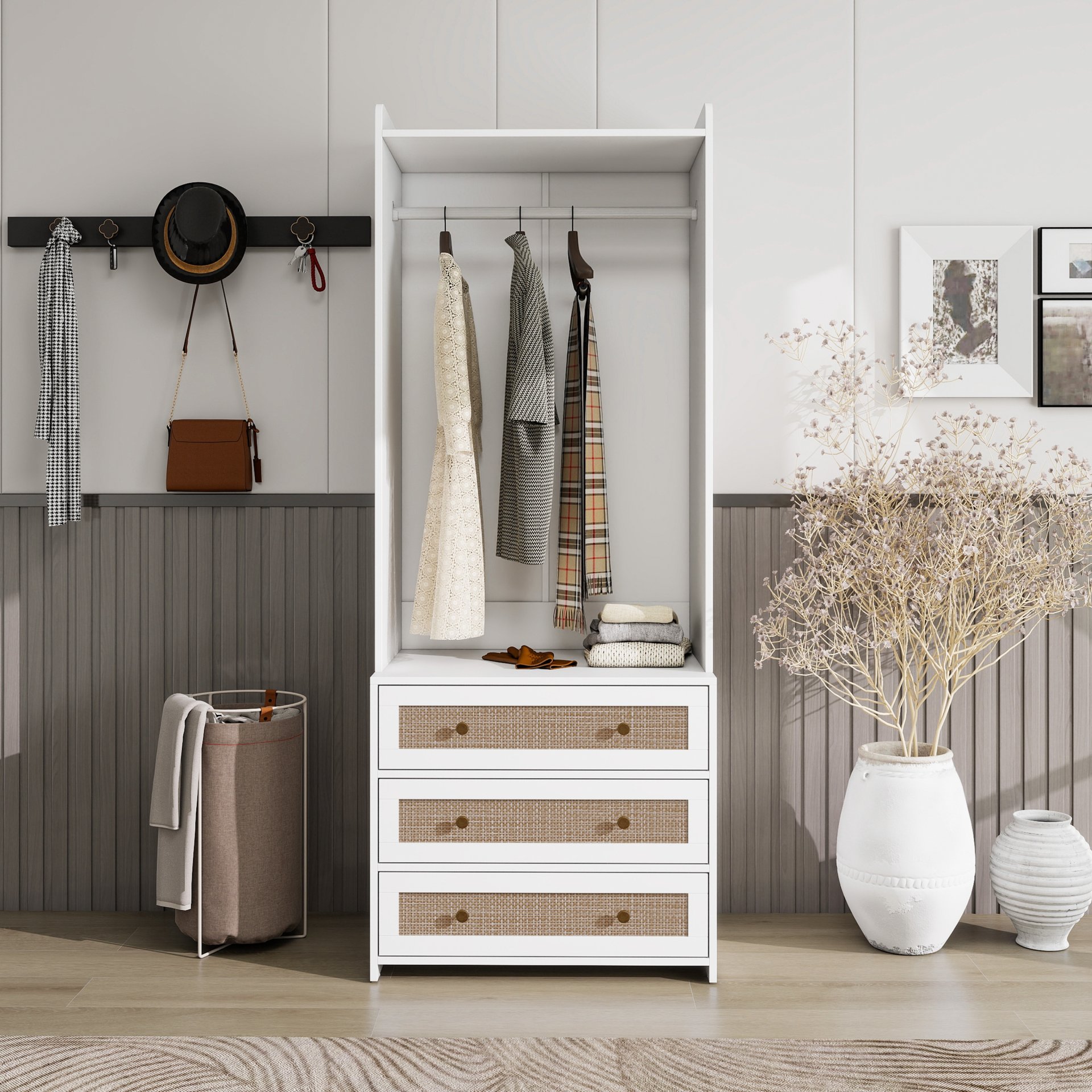 Wardrobe With 3 Drawers High Wardrobe Armoire With Rattan For Living Room Organizer - White - Image 2