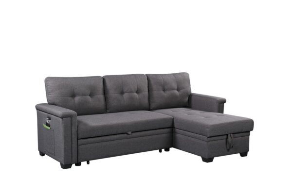 Nathan - Reversible Sleeper Sectional Sofa With Storage Chaise, USB Charging Ports And Pocket - Dark Gray