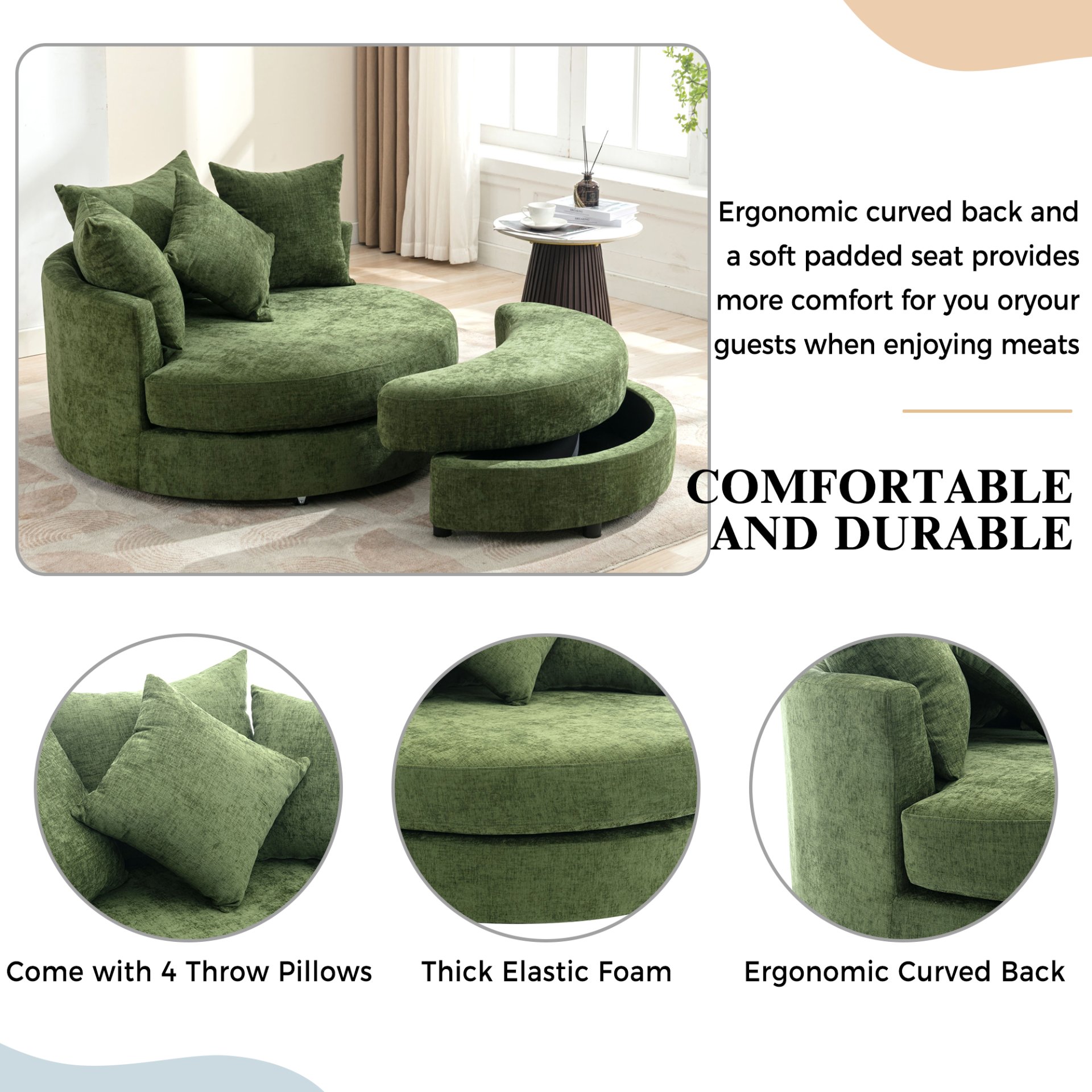 360° Swivel Accent Barrel Chair With Storage Ottoman & 4 Pillows, Modern Chenille Leisure Chair Round Accent For Living Room - Green - Image 4