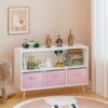 Kids Bookcase With Collapsible Fabric Drawers, Children's Book Display, Toy Storage Cabinet Organizer - White / Pink - Image 7