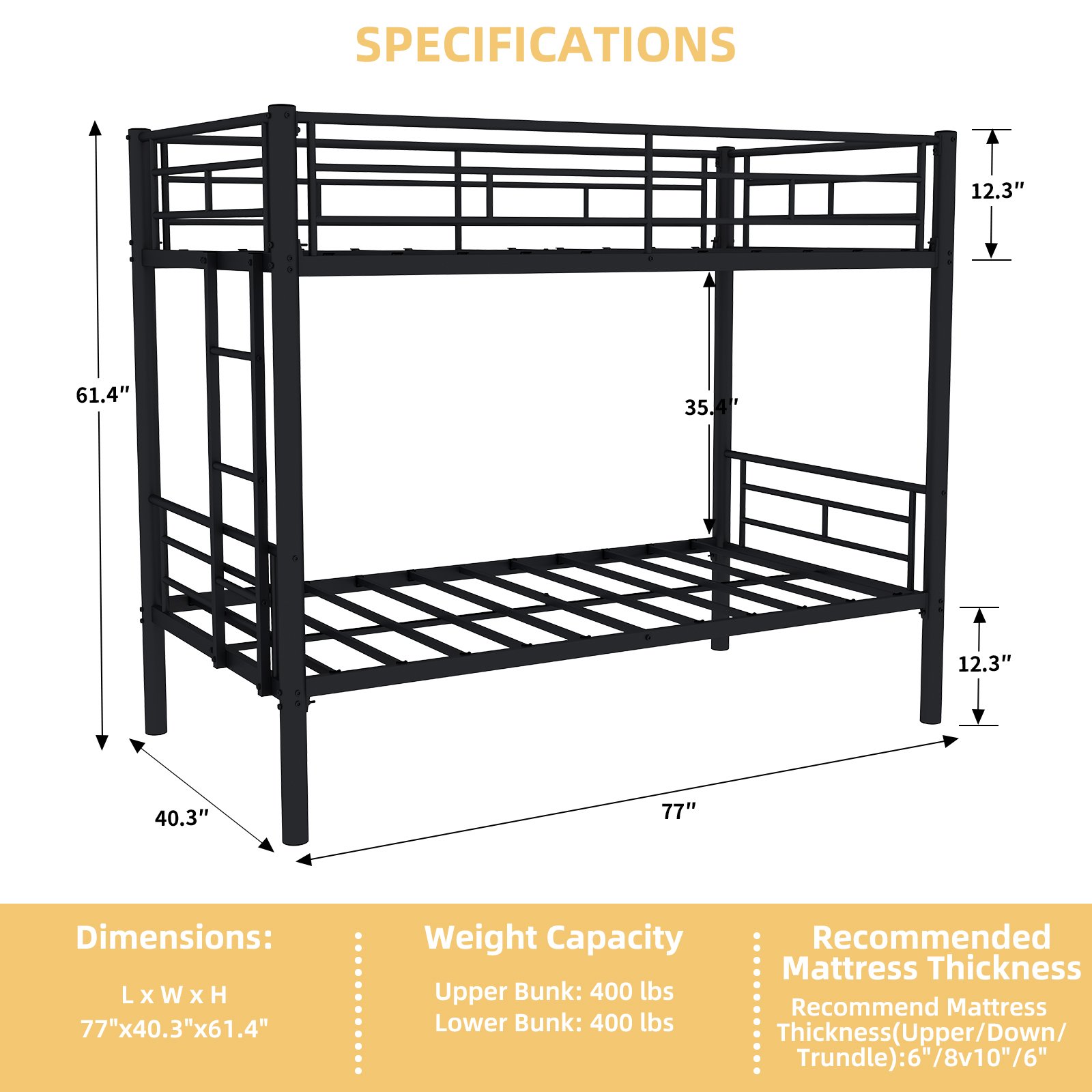 Twin Over Twin Bunk Bed For Kids, Convertible Frame With Ladders & Guardrail - Black - Image 6