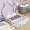 Full House-Shaped Headboard Floor Bed With Fence - White - Image 3