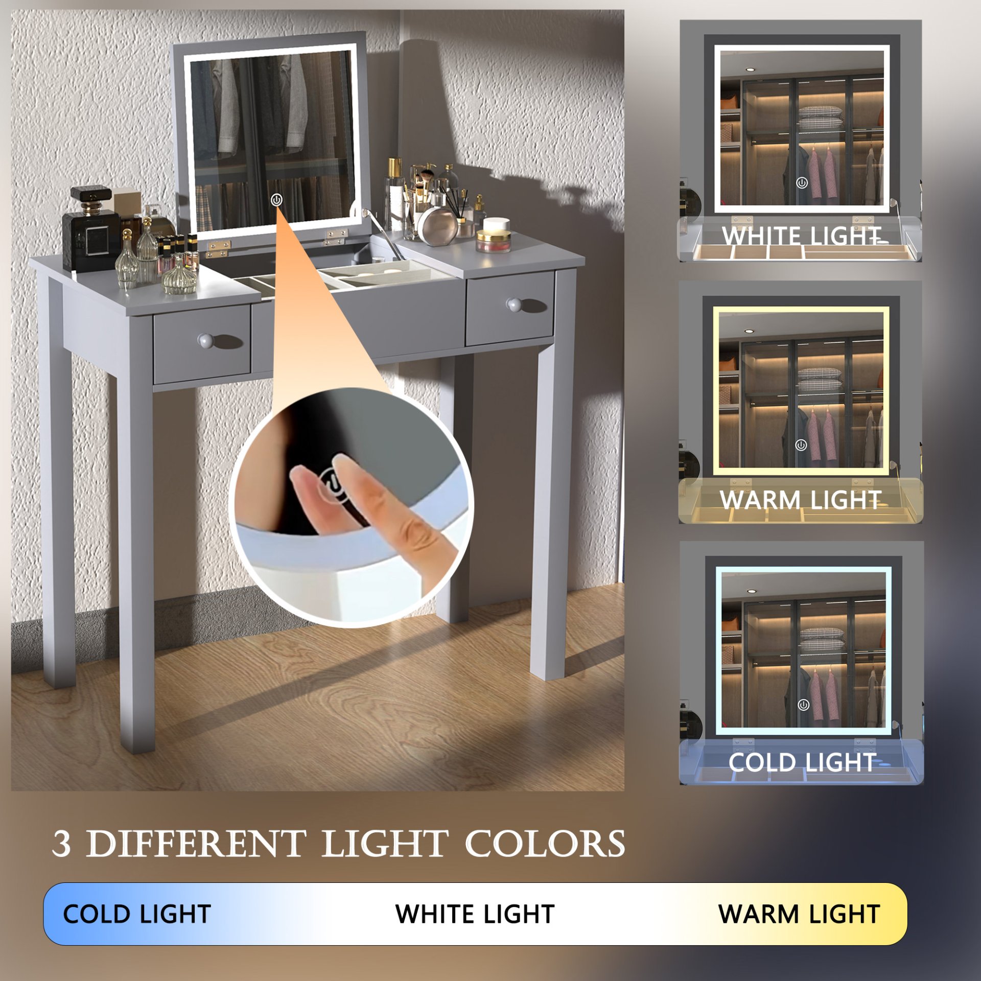 Vanity Table With LED Lights, Flip-Top Mirror And 2 Drawers, Jewelry Storage - Sleek Gray - Image 10