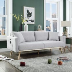 Easton - Linen Fabric Sofa With USB Charging Ports Pockets And Pillows - Light Gray