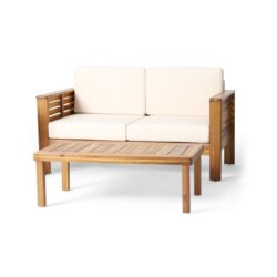 Outdoor Wooden Set With Loveseat, Coffee Table And Water Resistant Cushions - Teak / Cream
