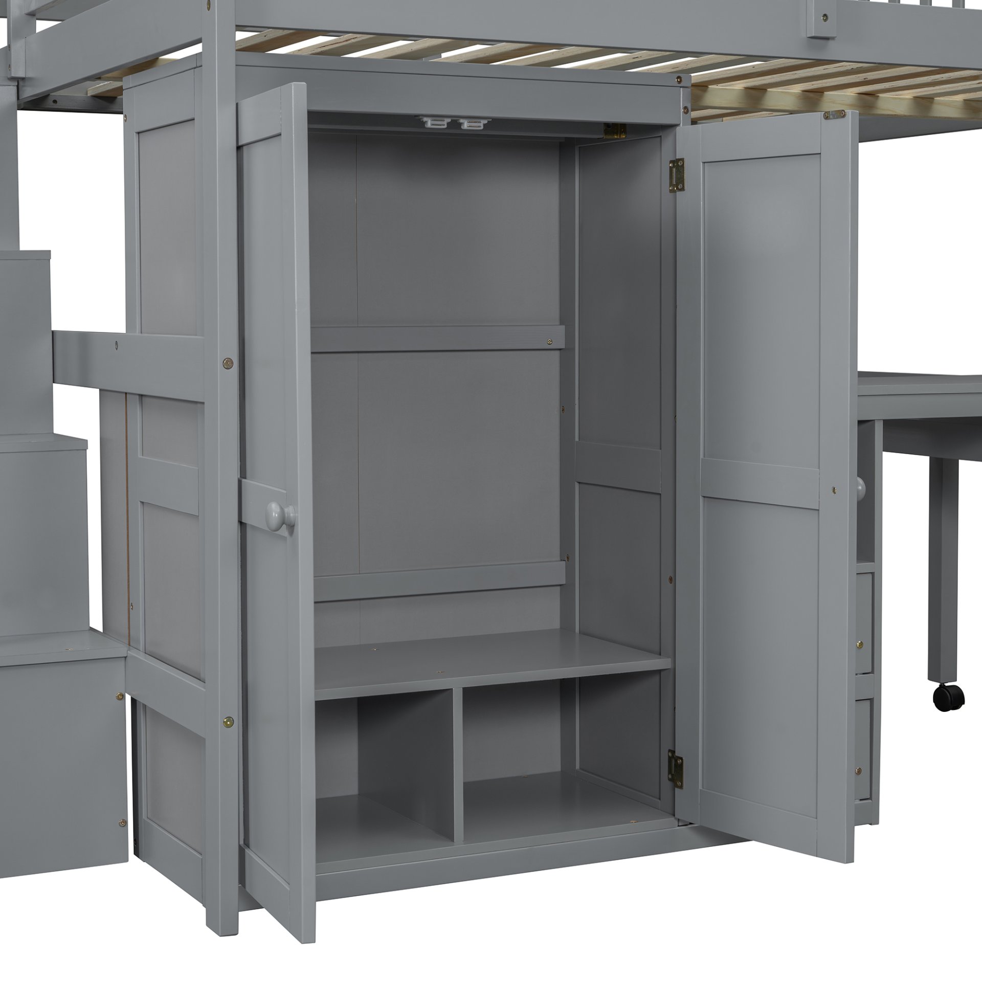 Full Size Loft Bed With Stairs, Bookshelf, Drawers, Desk & Wardrobe, Space Saving Multifunctional Furniture - Gray - Image 14