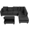 Modern Sectional Sofa With Storage Ottoman, L - Shape Couch With 2 Pillows And Cup Holders - Black - Image 14
