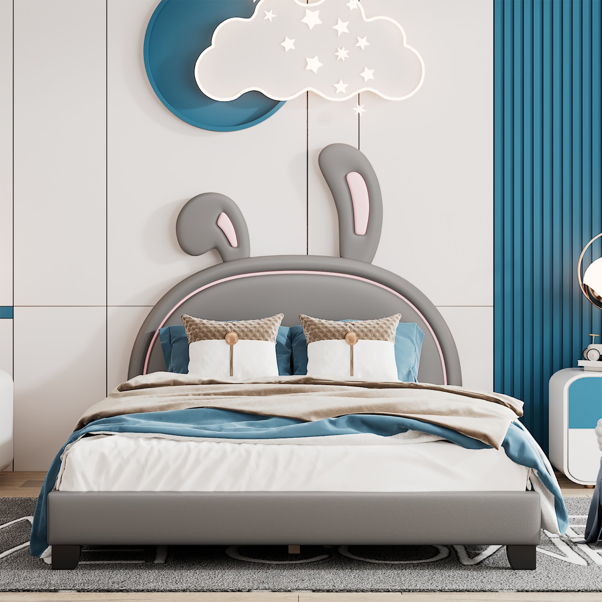 Full Size Upholstered Leather Platform Bed With Rabbit Ornament - Gray - Image 2
