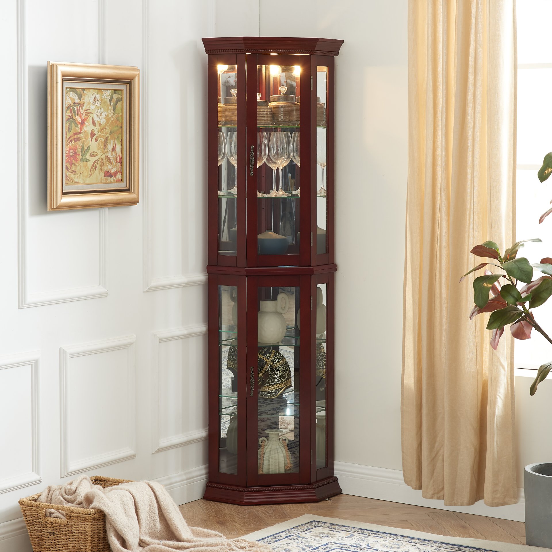 Corner Curio Cabinet With Lights, Adjustable Tempered Glass Shelves, Mirrored Back, Display Cabinet (E26 Light Bulb Not Included) - Cherry - Image 5