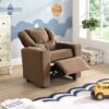 Kids Recliner Chair, Kids Upholstered Couch With One Cup Holder, Toddlers Recliner With Headrest And Footrest - Brown - Image 2