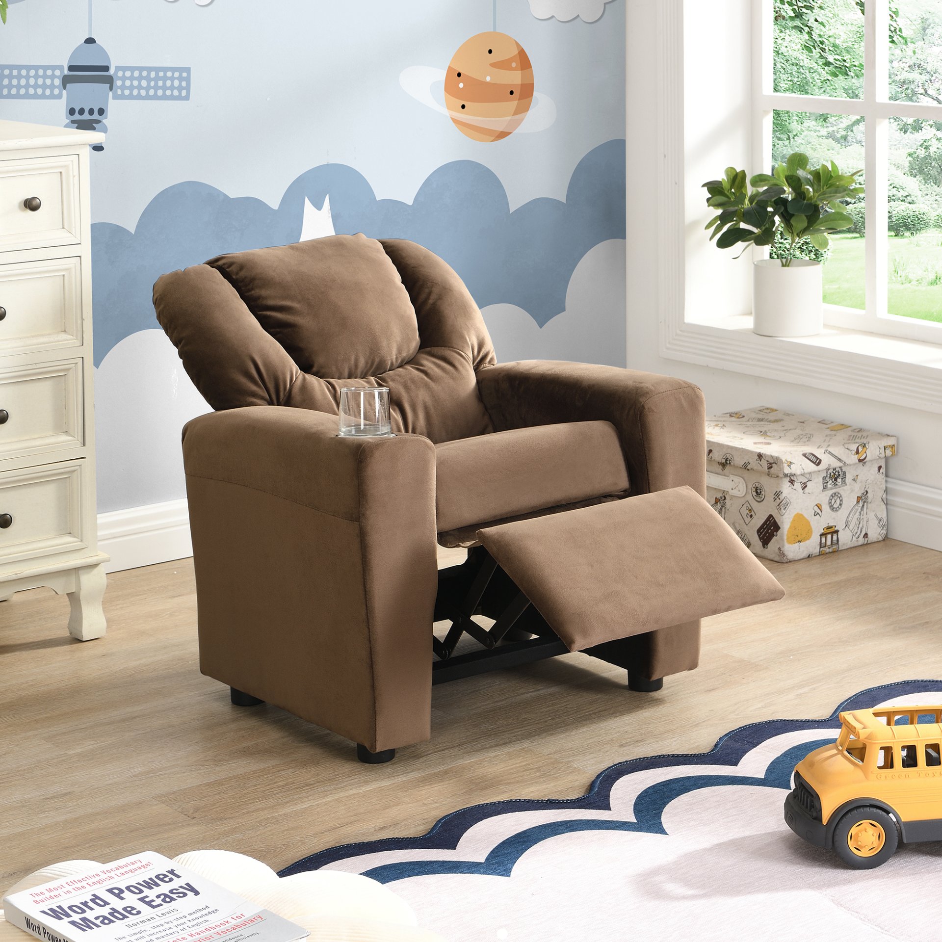 Kids Recliner Chair, Kids Upholstered Couch With One Cup Holder, Toddlers Recliner With Headrest And Footrest - Brown - Image 2