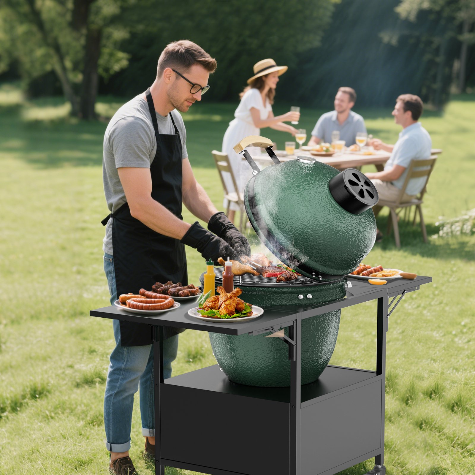 Outdoor Grill Table For Big Egg Style Bbq Metal Grill Cart With 2 Folding Panels Metal - Black - Image 6