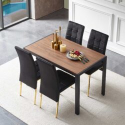 5 Pieces Dining Set Including Velvet High Back Golden Color Legs Nordic Dining Chair & Creative Design Dining Table - Black