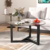 Round Glass Coffee Table Modern Cocktail Table With Tempered Glass Top & Sturdy Wood Base - Black - Image 2