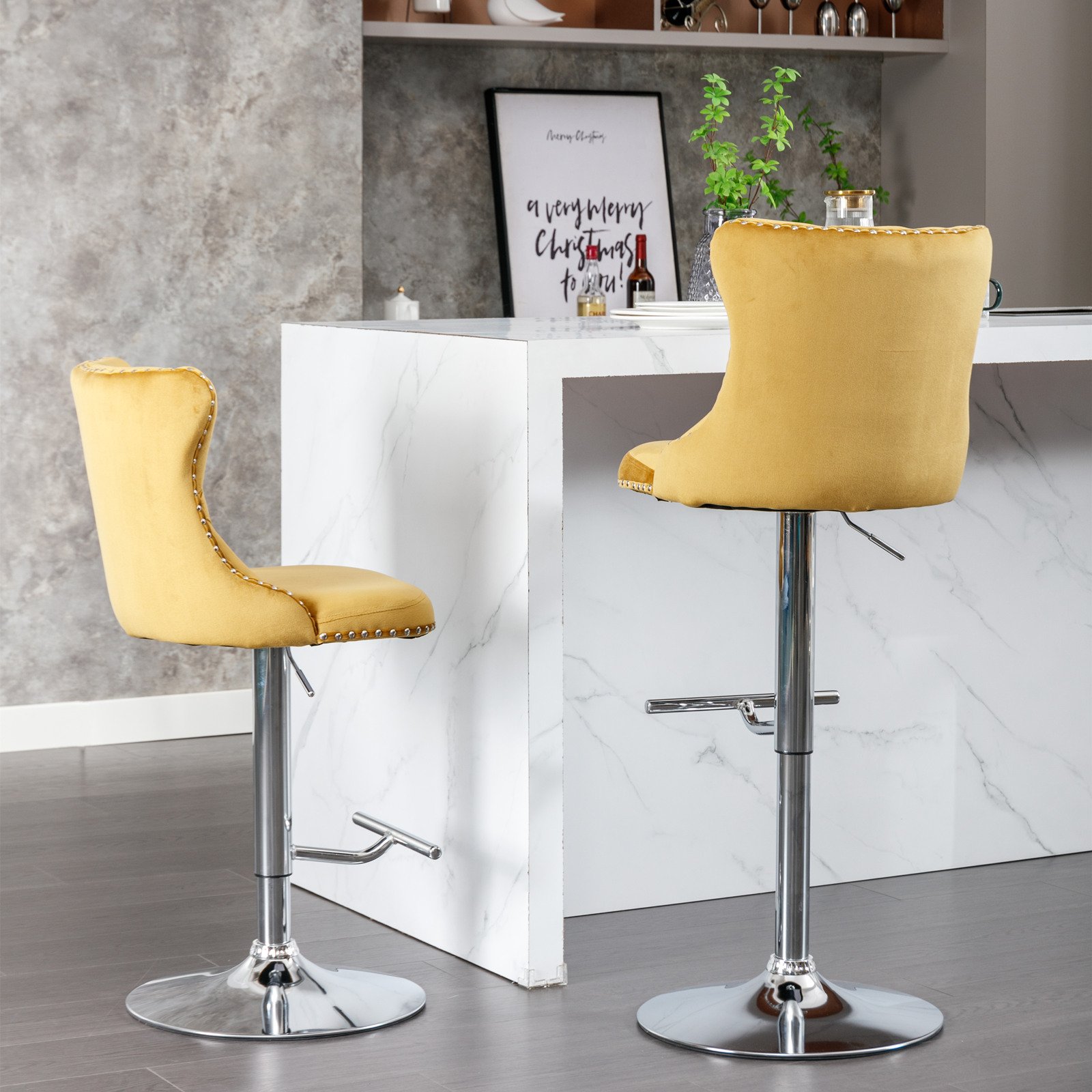 Swivel Velvet Barstools Adjusatble Seat Height From 25-33", Modern Upholstered Chrome Base Bar Stools With Backs Comfortable Tufted For Home Pub And Kitchen Island (Set of 2) - Gold - Image 15