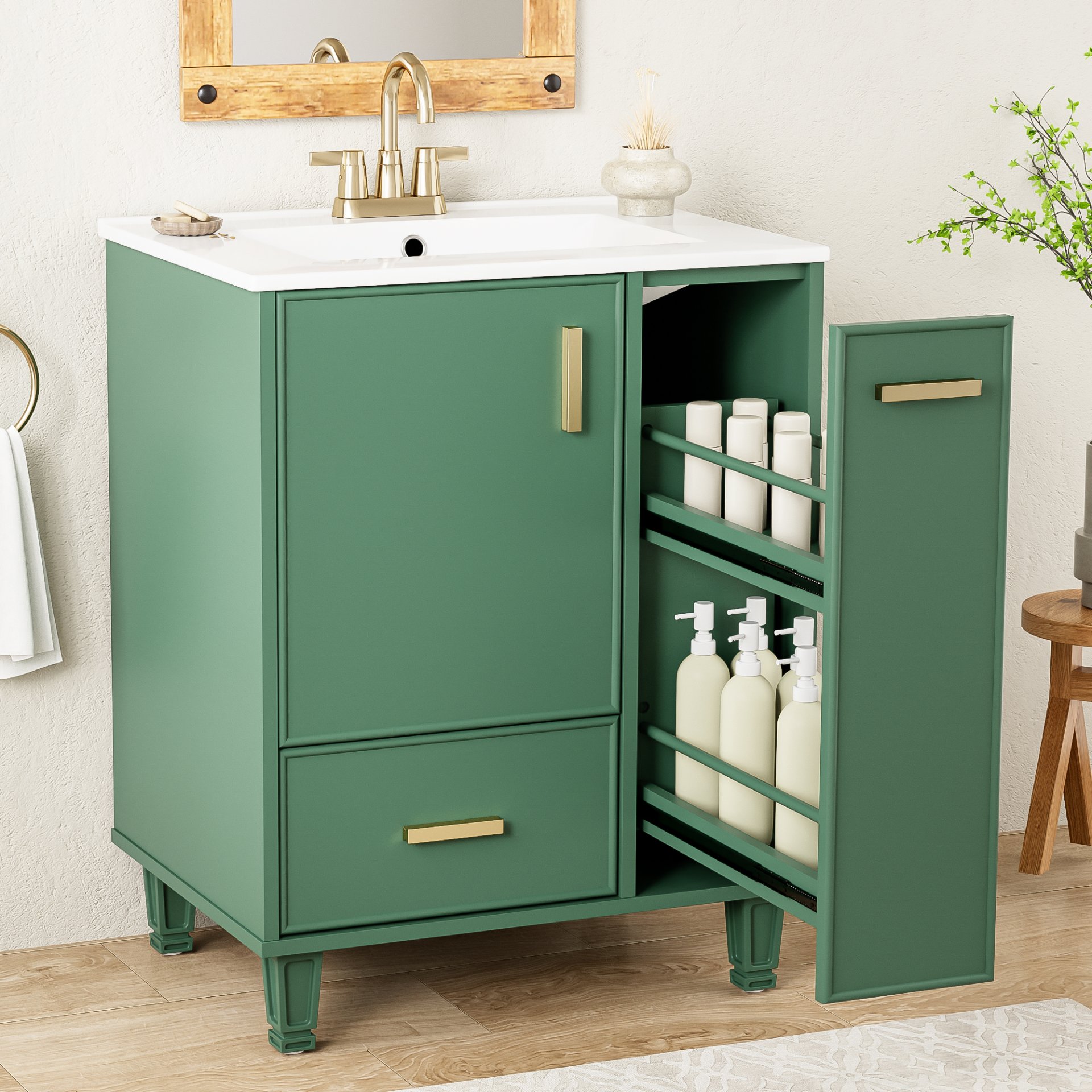 Solid Wood And 24" Bathroom Vanity With Sink, Deep Drawer, Door Shelf, 2 Tier Basket - Green - Image 5