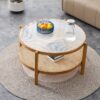Modern Style Circular Double Layer Tea Table With Rattan Weave - Natural Wood - Image 2
