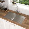 Undermount Double Bowl Kitchen Sink 60 / 40 16 Gauge, 9" Depth - Brushed Nickel - Image 6