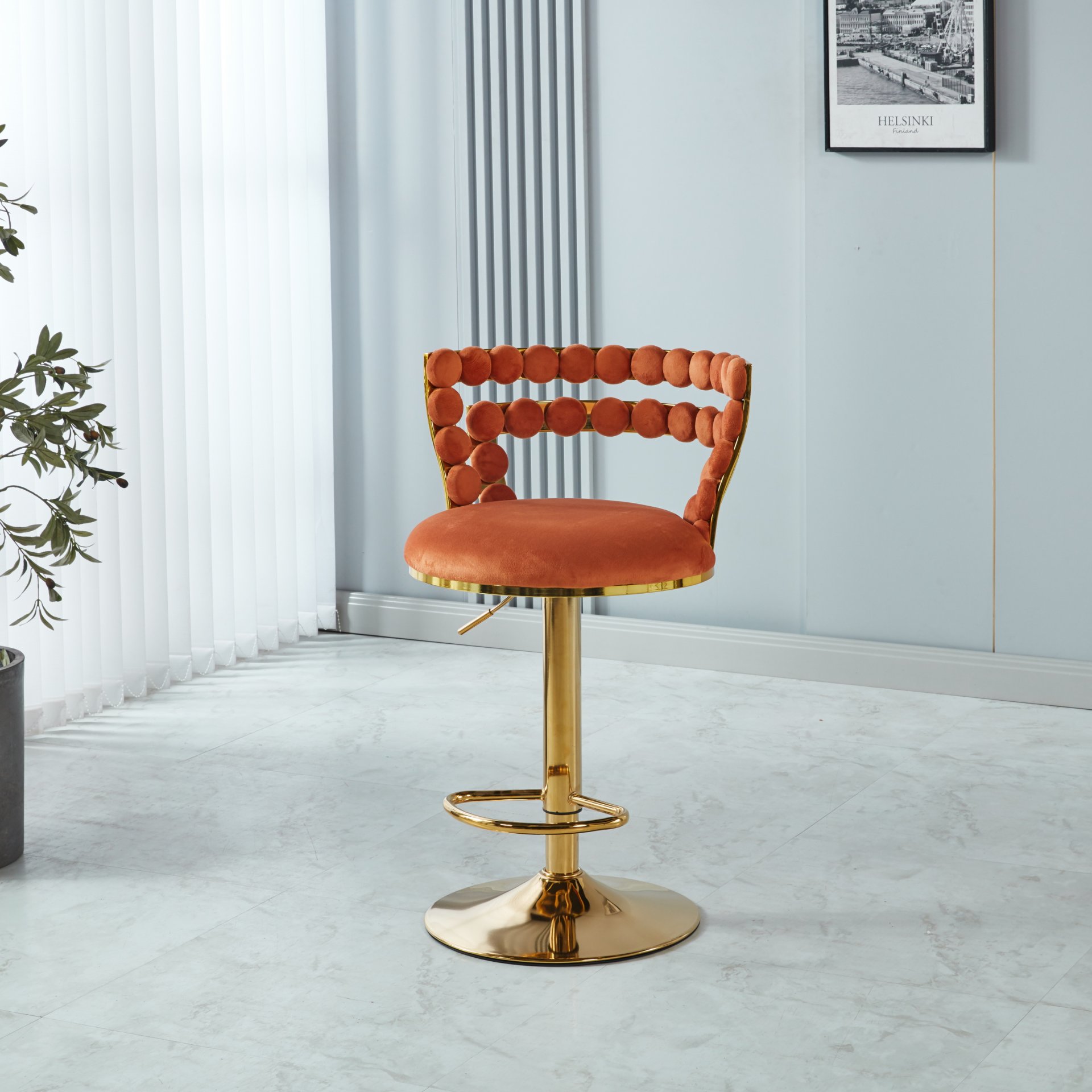 Modern Bar Chair With Iron Tube Legs, Soft Cushions And Comfortable Backrest, Suitable For Dining Room, Living Room, Cafe, Hairball Back, Bar Stool (Set of 2) - Golden - Image 2