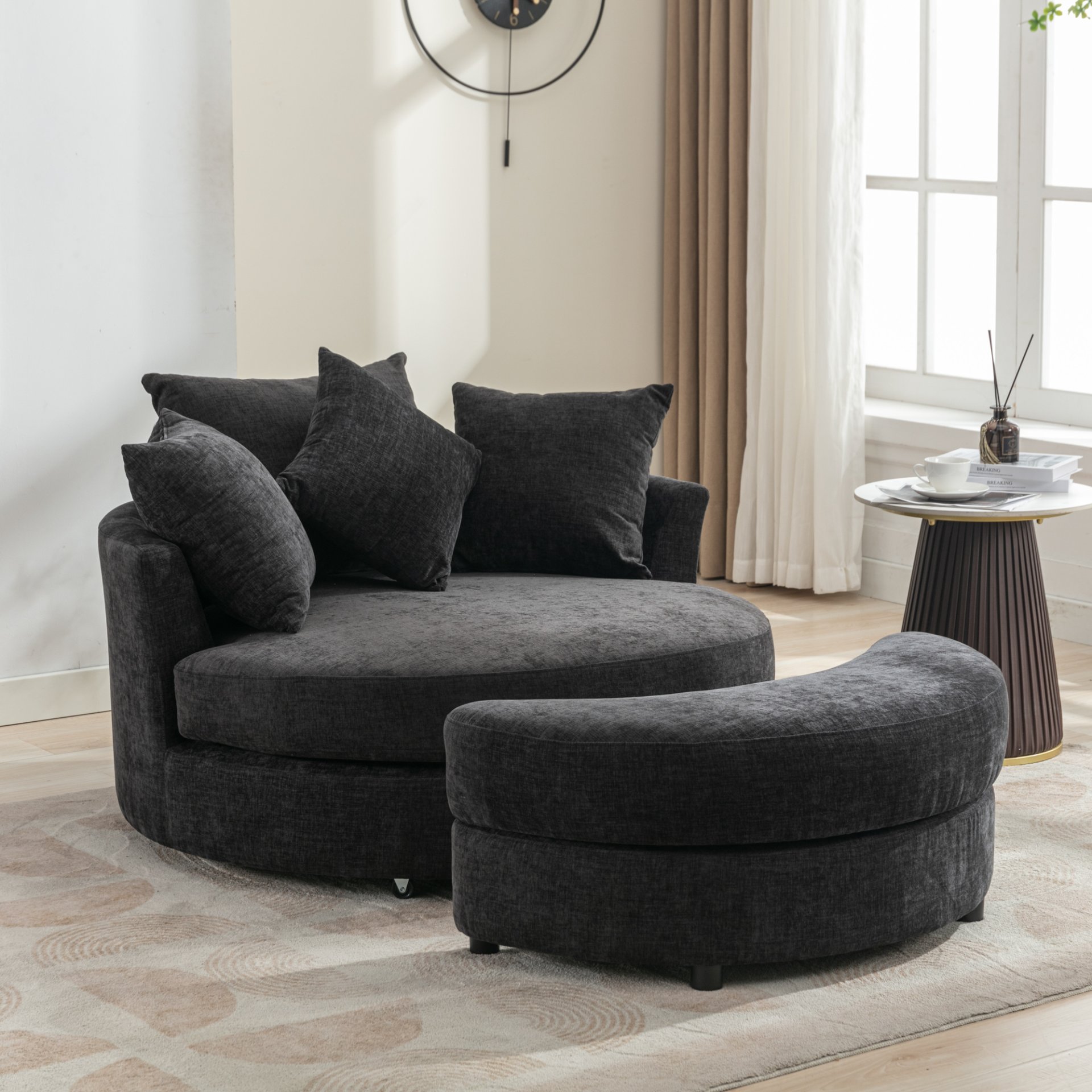 360° Swivel Accent Barrel Chair With Storage Ottoman & 4 Pillows, Modern Chenille Leisure Chair Round Accent For Living Room - Gray - Image 9