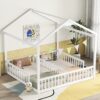 Double Twin House-Style Floor Bed With Fence, Guardrails, Without Door - White - Image 2