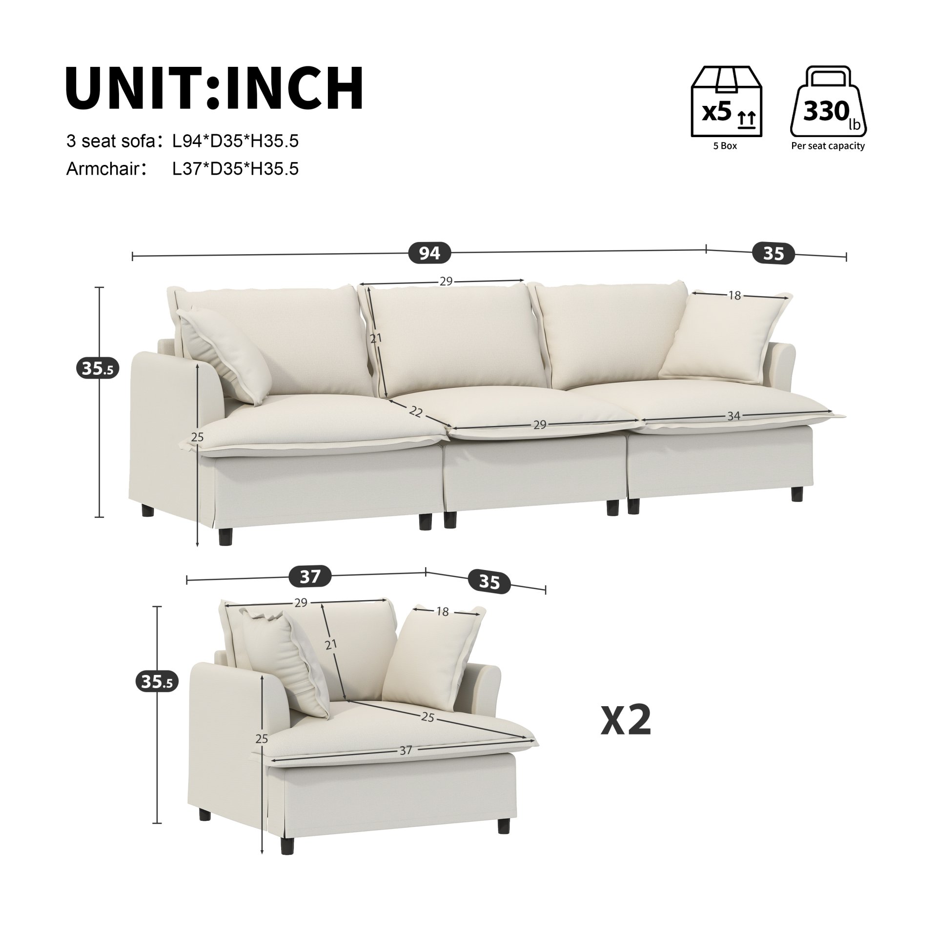 3 Piece Living Room Set Modular Sectional Couch Upholstered 3 Seater Sofa & 2 Armchairs 5 Seat - Beige - Image 3