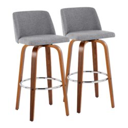 Toriano - Mid-Century Modern Fixed Height Barstool & Swivel And Round Footrest (Set of 2) - Walnut / Gray