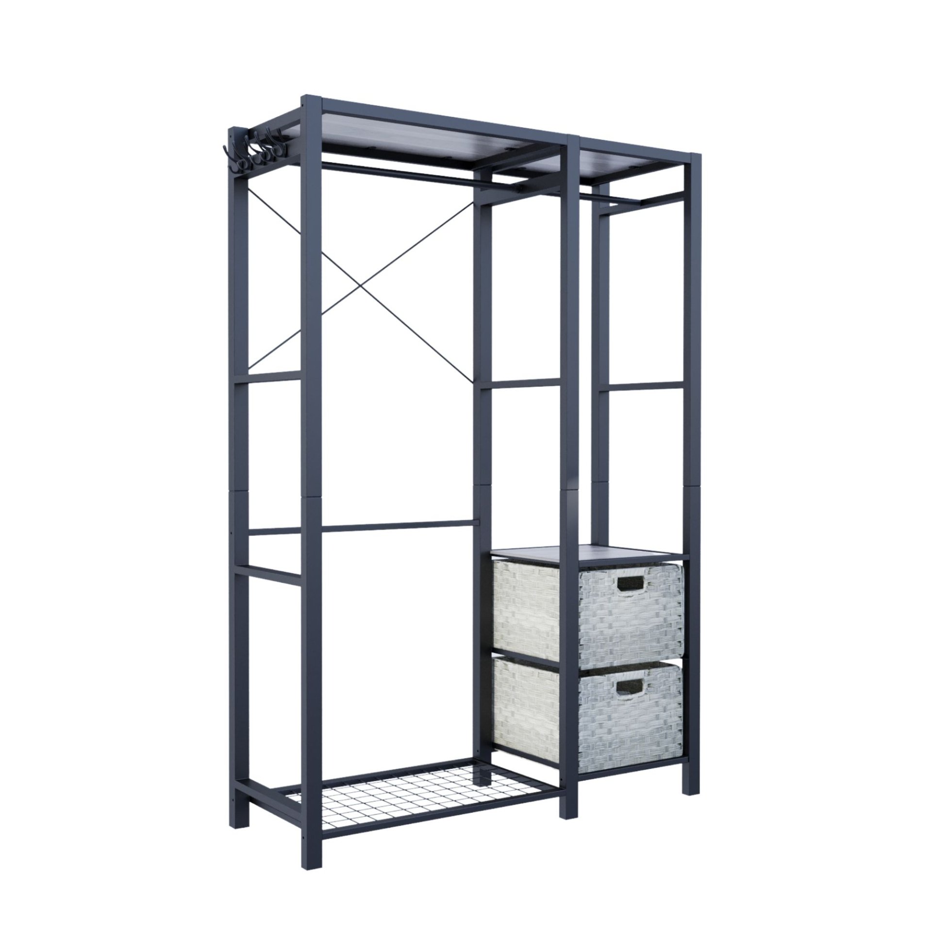 Acacia Wood Garment Rack With Shelves, 2 Wicker Drawers, 4 Hooks, Heavy Duty Closet Organizer - Light Gray - Image 9