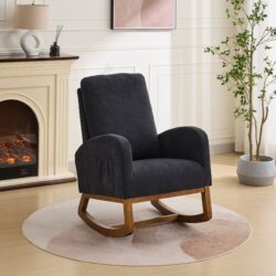 Rocking Chair For Nursery, Polyester Glider Chair With High Back And Side Pocket, Rocking Accent Armchair With Rubber Wood Legs For Living Room / Bedroom - Black