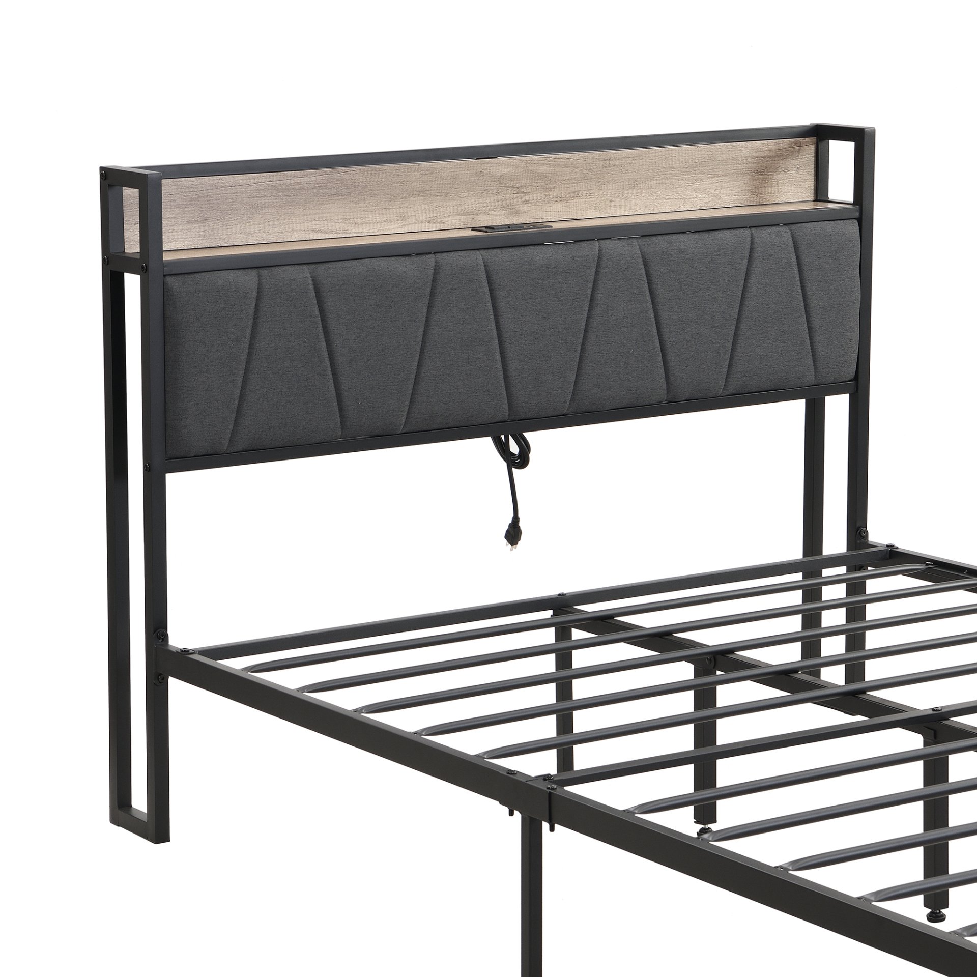 Modern Full Size Metal Platform Bed Frame With Upholstered Storage Headboard USB Ports And Footboard - Beige / Black - Image 10