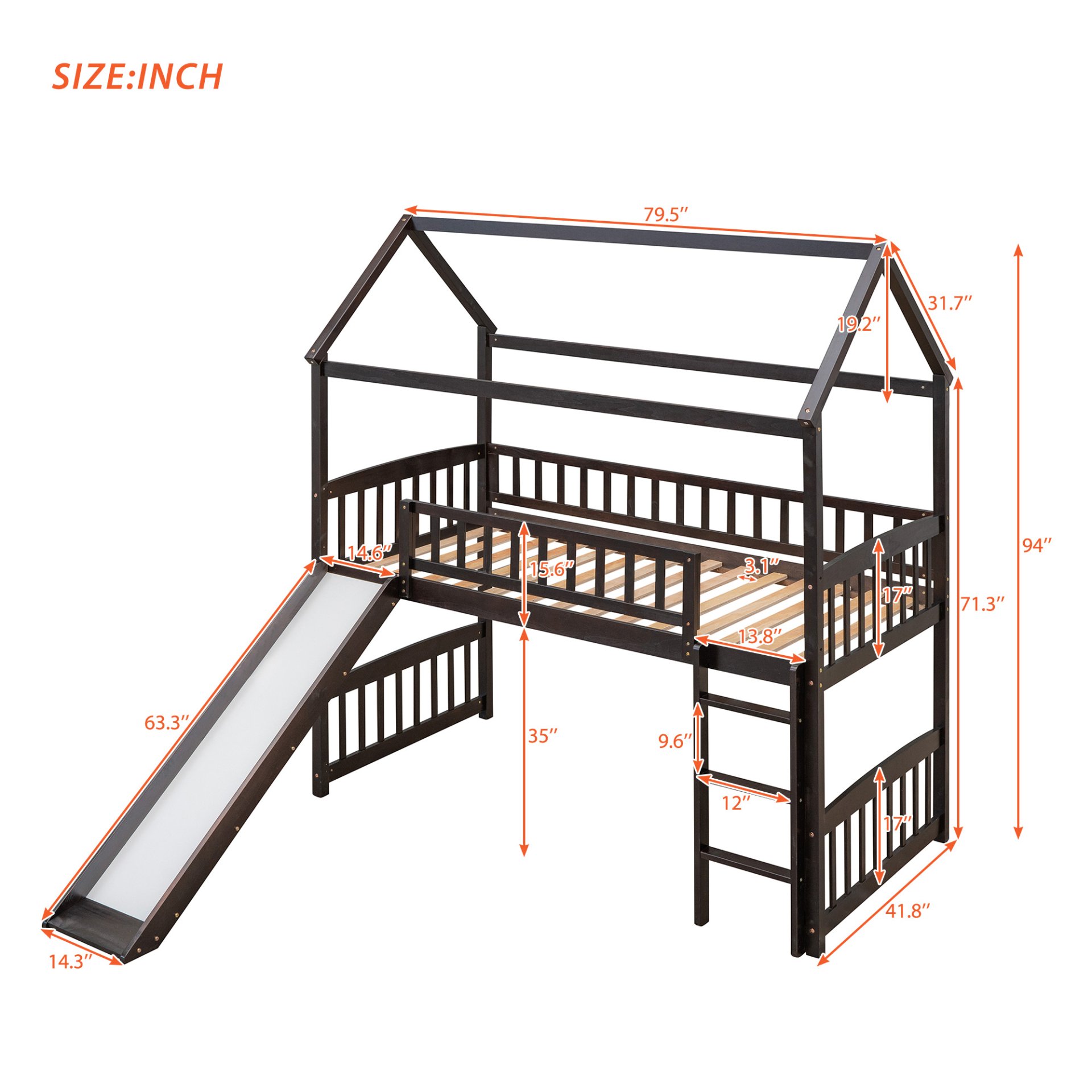Twin House Loft Bed With Slide - Espresso - Image 15