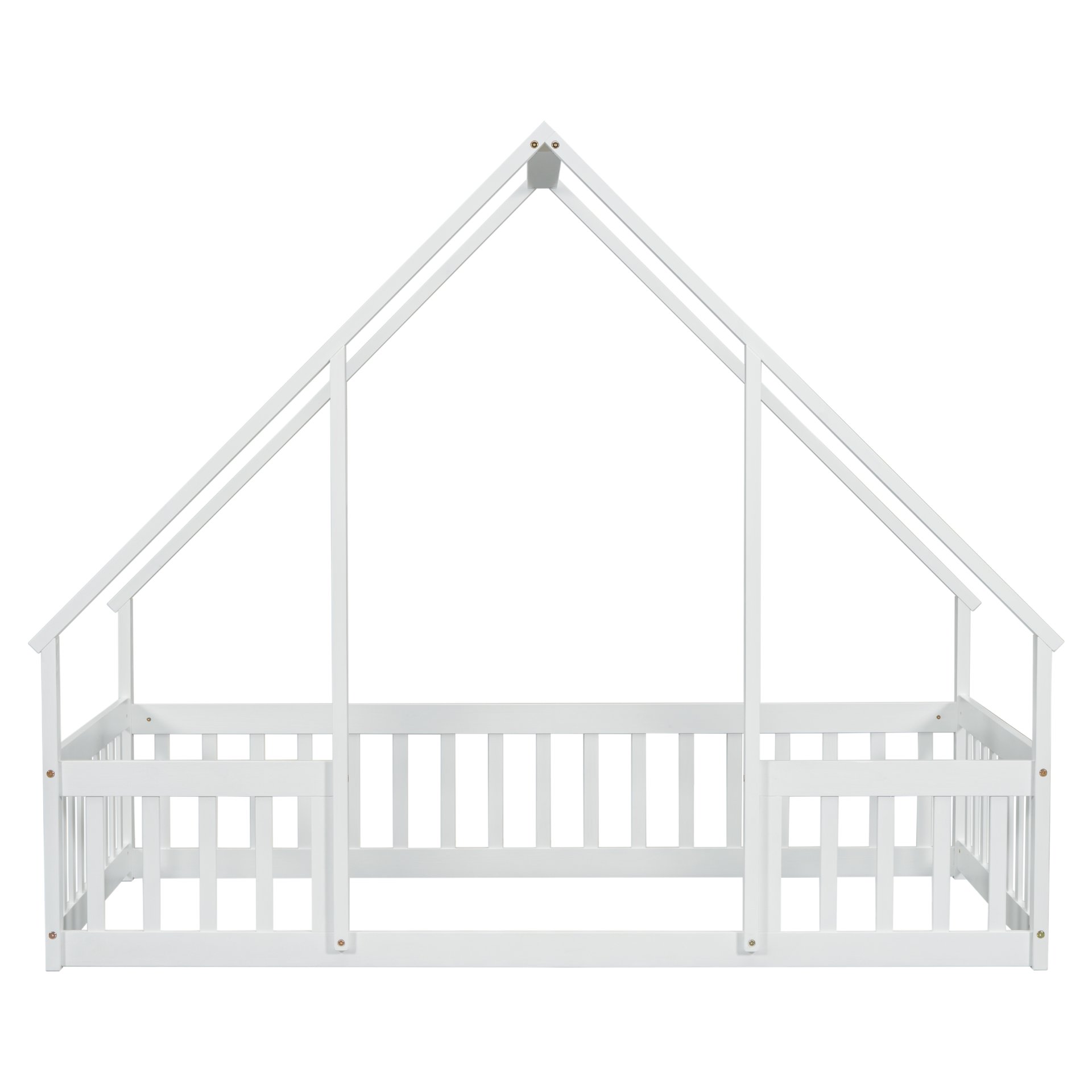 Twin Wood House-Shaped Floor Bed With Fence, Guardrails - White - Image 15