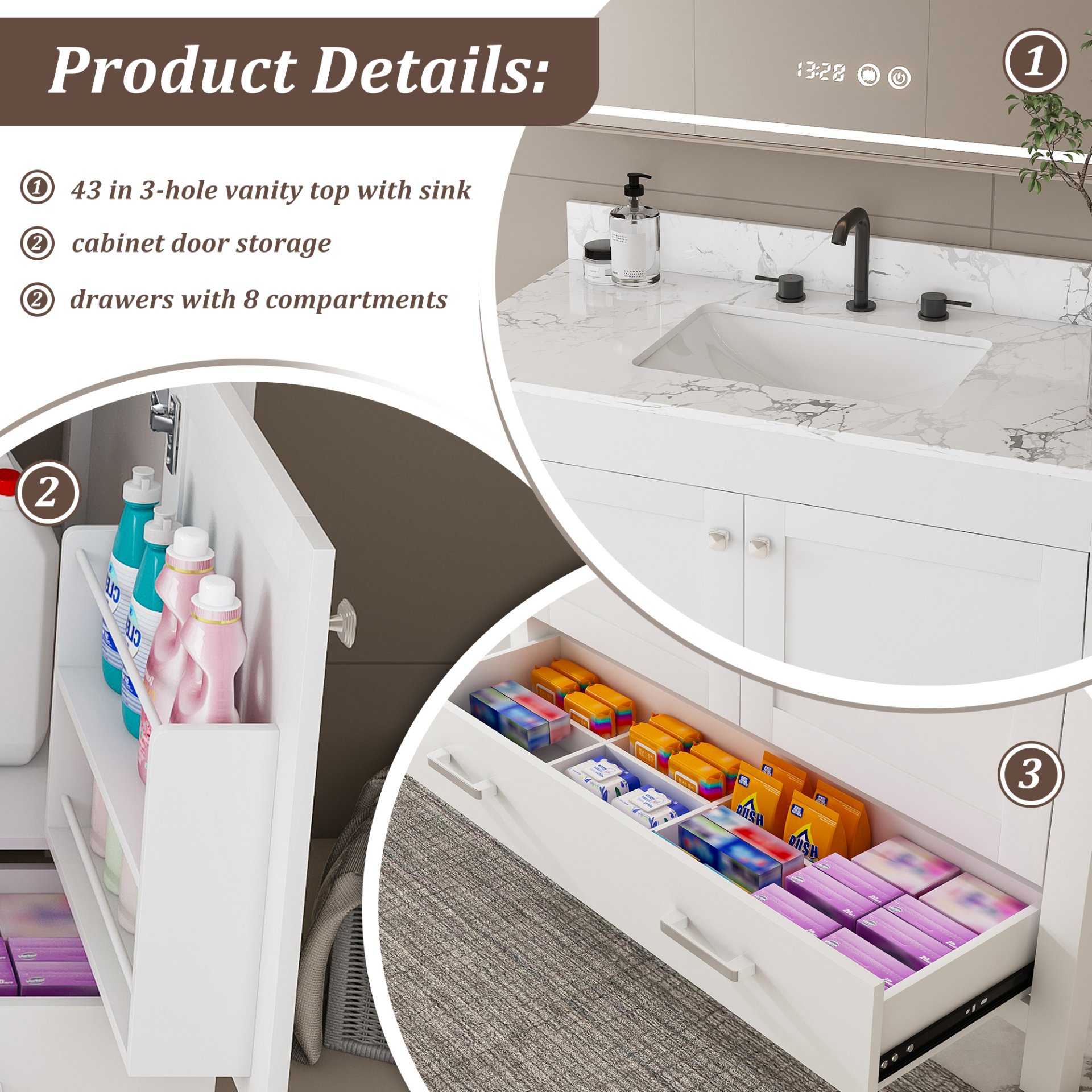 43" Bathroom Vanity With Artificial Marble Carrara Top Set, Multi Functional Bathroom Cabinet With Doors And Drawer - White - Image 9