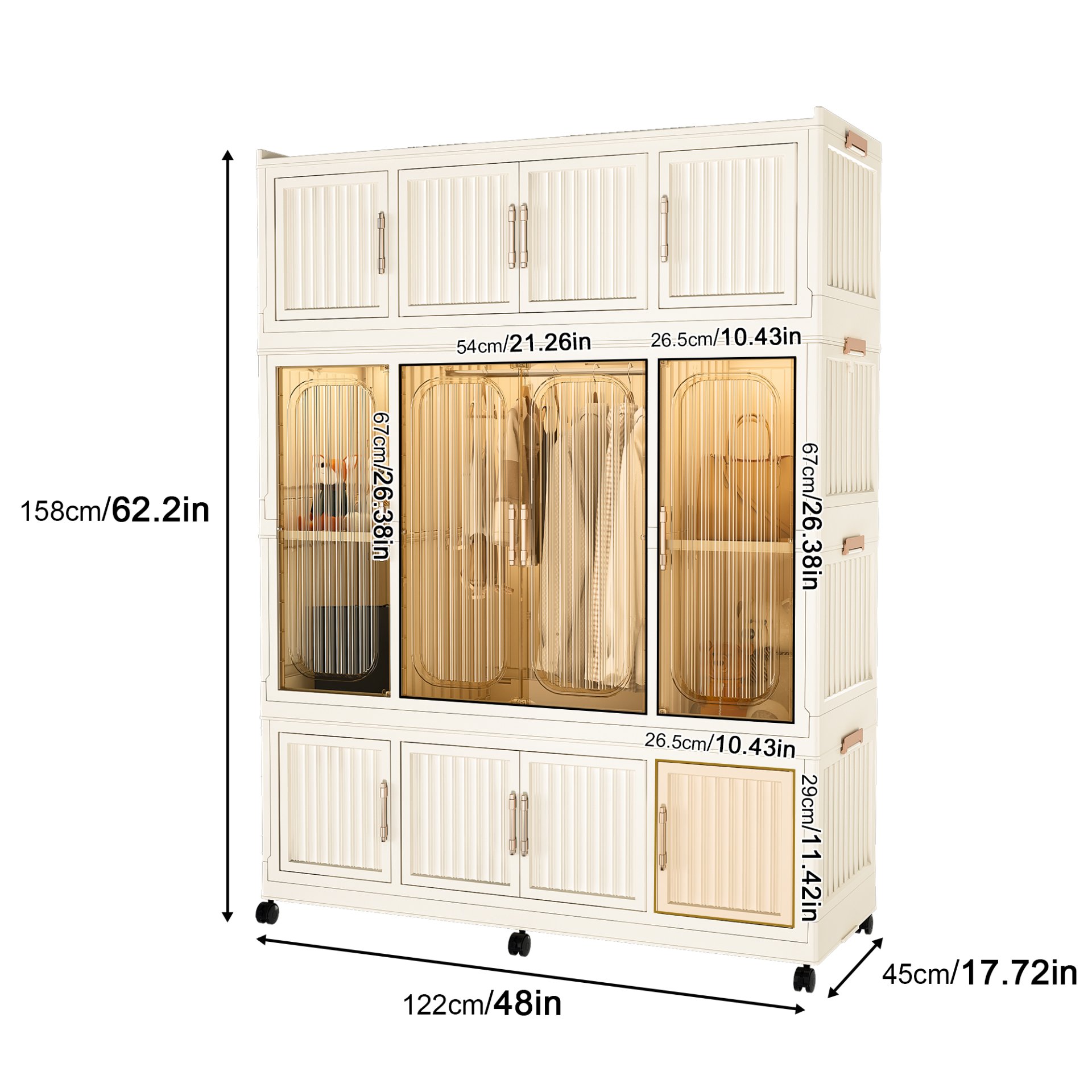 Portable Wardrobe Closet Storage Organizer With 12 Magnetic Doors, 12 Cubes, Hanging Rod & 6 Hangers - Creamy White - Image 3
