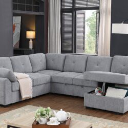 Nyhan - Upholstered Corner Sectional With Pull Out Loveseat And Storaged Chaise - Light Gray