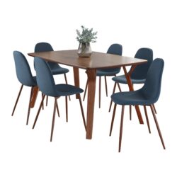 Folia Pebble - 7 Piece Mid-Century Modern Dining Set - Walnut / Blue